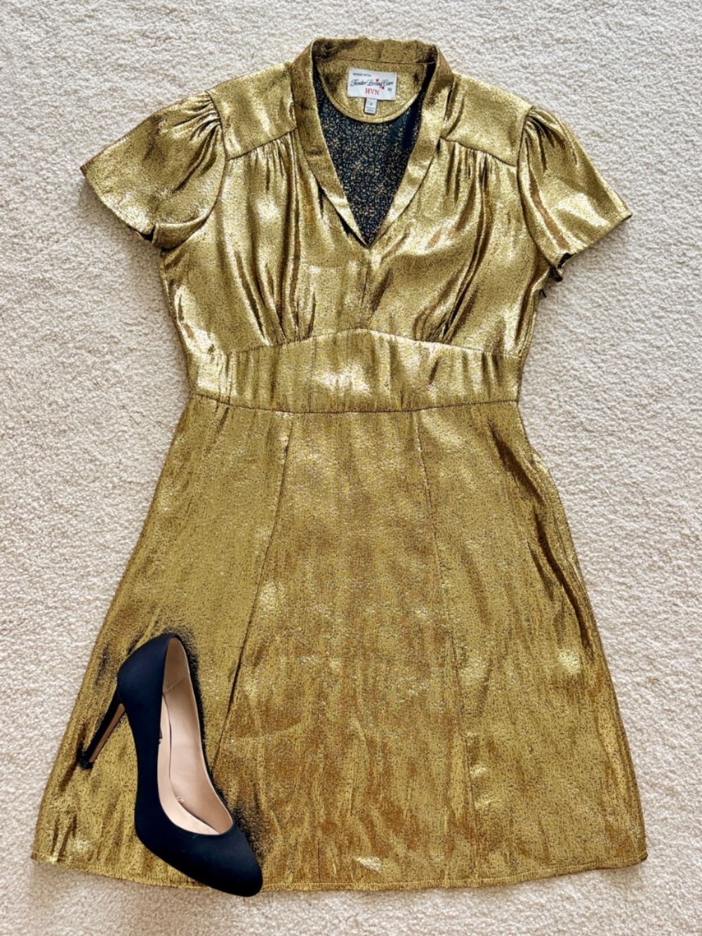 HVN Silk Gold Lame Mini Dress - Size 4